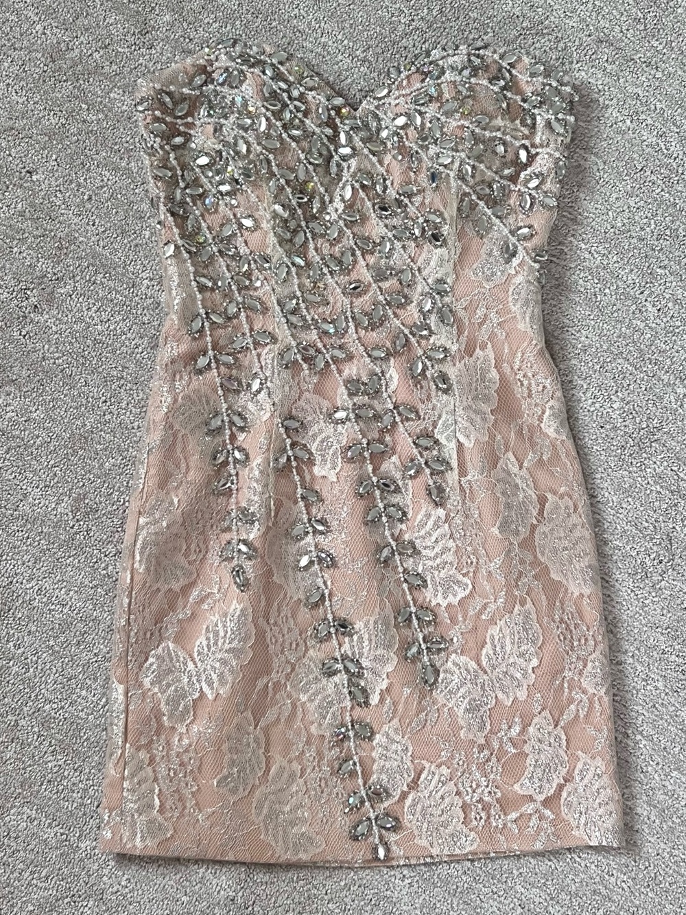 Jovani embellished strapless lace mini dress
